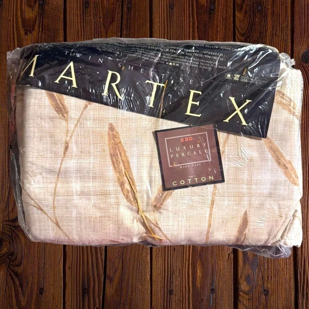 Vintage Martex Kyoto Twin Sheet Set NWT Cotton Percale Neutral Botanical Wheat